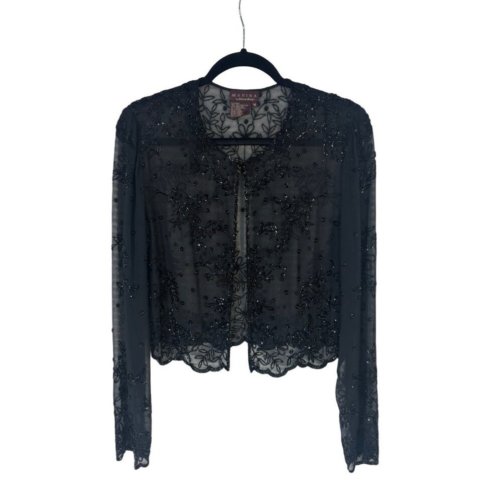 Vtg Marina Bresler Size Medium Sheer Cropped Jacket Embellished with Black Beads